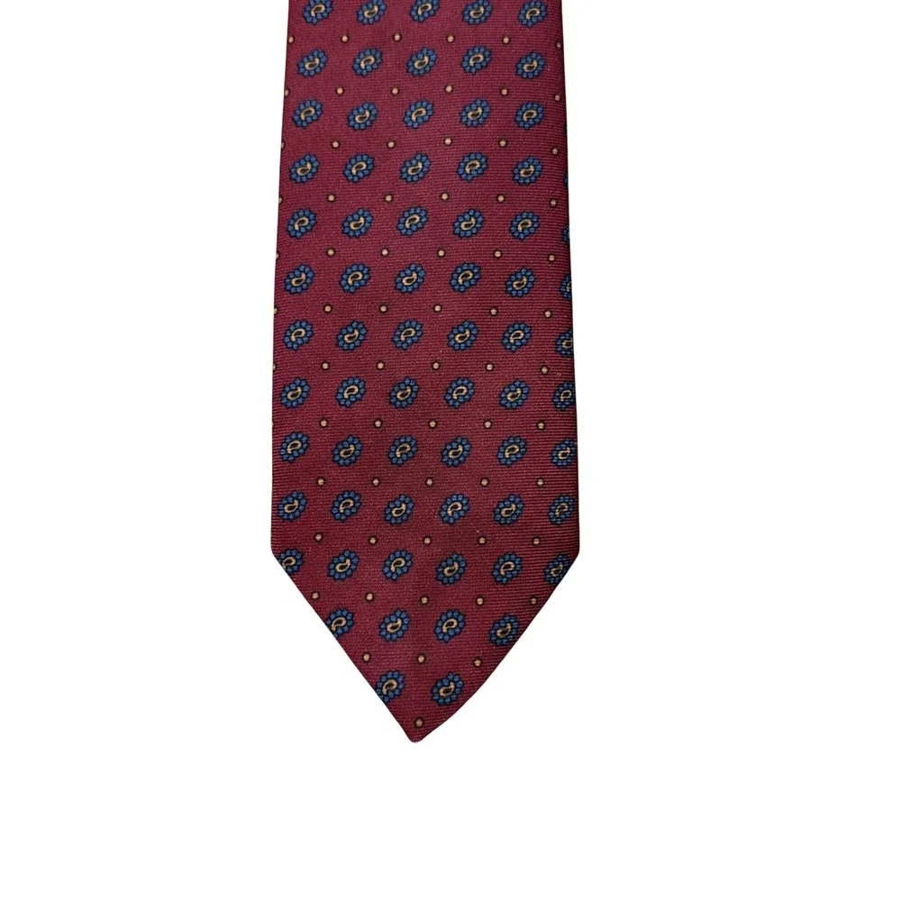 Mens Burgundy Paisley Silk Necktie Blue Gold Dot Pattern Classic Formal Tie